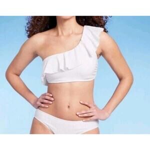 Kona Sol Women's Size Small (4-6) Eyelet Ruffle One Shoulder Bikini Top White